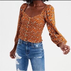 American Eagle Yellow Floral Smocked Blouse Square Neck Long Sleeve Boho Medium